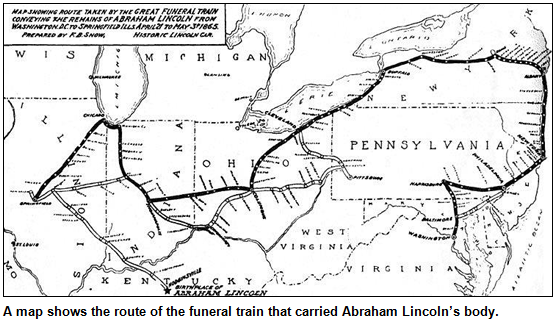 A map shows the route of the funeral train that carried Abraham Lincoln’s body.
