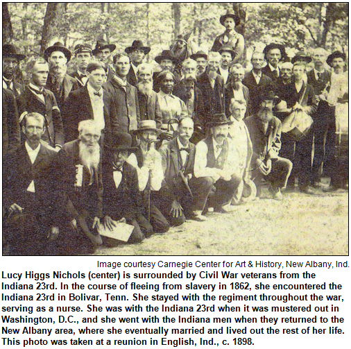 Lucy Higgs Nichols (center) is surrounded by Civil War veterans from the Indiana 23rd. Image courtesy Carnegie Center for Art & History, New Albany, Ind.