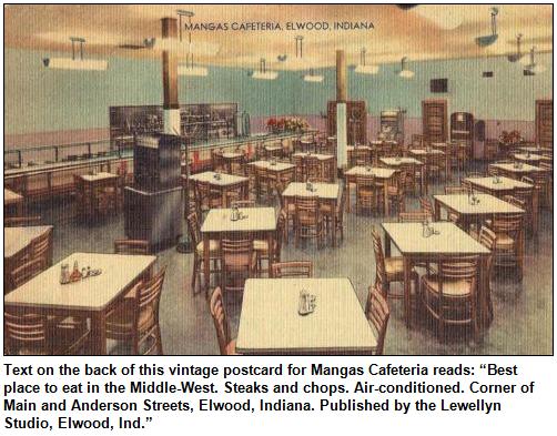 Text on the back of this vintage postcard for Mangas Cafeteria reads: “Best place to eat in the Middle-West. Steaks and chops. Air-conditioned. Corner of Main and Anderson Streets, Elwood, Indiana. Published by the Lewellyn Studio, Elwood, Ind.”