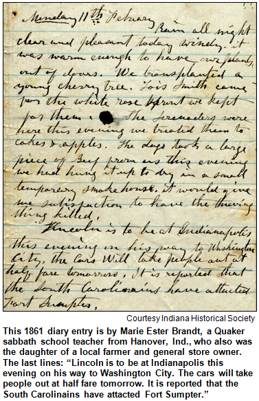 This 1861 diary entry is by Marie Ester Brandt, a Quaker sabbath school teacher from Hanover, Ind., who also was the daughter of a local farmer and general store owner. Image courtesy Indiana Historical Society.