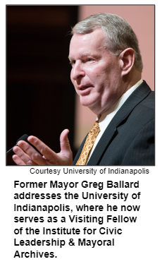 Former Mayor Greg Ballard addresses the University of Indianapolis, where he now serves as a Visiting Fellow of the Institute for Civic Leadership & Mayoral Archives. Courtesy University of Indianapolis