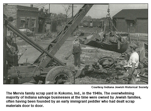 The Mervis family scrap yard in Kokomo, Ind., in the 1940s. The overwhelming majority of Indiana salvage businesses at the time were owned by Jewish families, often having been founded by an early immigrant peddler who had dealt scrap materials door to door.
Courtesy Indiana Jewish Historical Society.