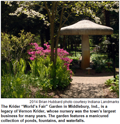 The Krider “World’s Fair” Garden in Middlebury, Ind., is a legacy of Vernon Krider, whose nursery was the town’s largest business for many years. The garden features a manicured collection of ponds, fountains, and waterfalls. 2014 Brian Hubbard photo courtesy Indiana Landmarks.