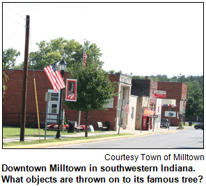 Downtown Milltown in southwestern Indiana.  What objects are thrown on to its famous tree? Courtesy town of Milltown.