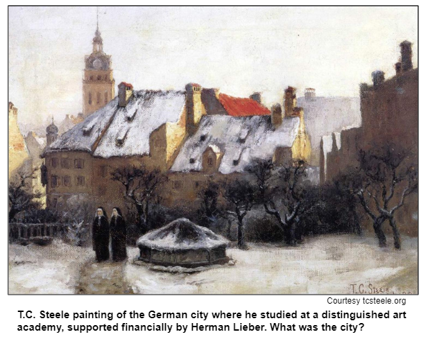 T.C. Steele painting of the German city where he studied at a distinguished art academy, supported financially by Herman Lieber. What was the city? Courtesy tcsteele.org