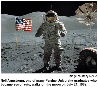 Neil Armstrong, one of many Purdue University graduates who became astronauts, walks on the moon on July 21, 1969. Image courtesy NASA.