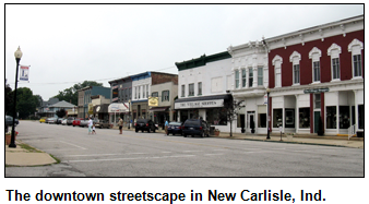 The downtown streetscape in New Carlisle, Ind.