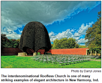 The interdenominational Roofless Church is one of many striking examples of elegant architecture in New Harmony, Ind. Photo by Darryl Jones.