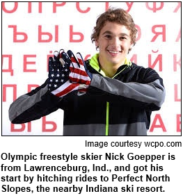 Olympic freestyle skier Nick Goepper is from Lawrenceburg, Ind., and got his start by hitching rides to Perfect North Slopes, the nearby Indiana ski resort. Image courtesy wcpo.com.