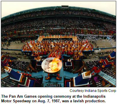 The Pan Am Games opening ceremony at the Indianapolis Motor Speedway on Aug. 7, 1987, was a lavish production. Image courtesy Indiana Sports Corp.