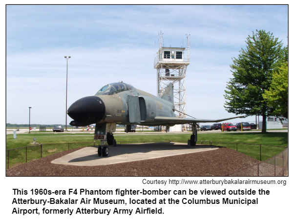 This 1960s-era F4 Phantom fighter-bomber can be viewed outside the Atterbury-Bakalar Air Museum, located at the Columbus Municipal Airport, formerly Atterbury Army Airfield.
Courtesy http://www.atterburybakalarairmuseum.org