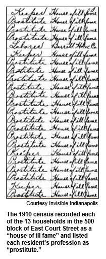 The 1910 census recorded each of the 13 households in the 500 block of East Court Street as a house of ill fame and listed each resident’s profession as prostitute.
Courtesy Invisible Indianapolis.