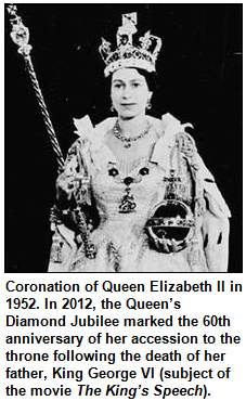 Coronation of Queen Elizabeth II in 1952. In 2012, the Queen’s Diamond Jubilee marked the 60th anniversary of her accession to the throne following the death of her father, King George VI (subject of the movie The King’s Speech).