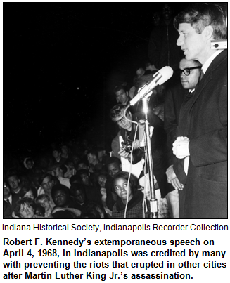 Robert F. Kennedy’s extemporaneous speech on April 4, 1968, in Indianapolis was credited by many with preventing the riots that erupted in other cities after Martin Luther King Jr.’s assassination. Indiana Historical Society, Indianapolis Recorder Collection.