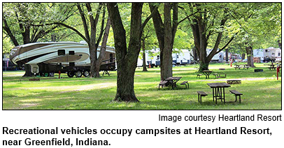 Recreational vehicles occupy campsites at Heartland Resort, near Greenfield, Indiana. Image courtesy Heartland Resort.