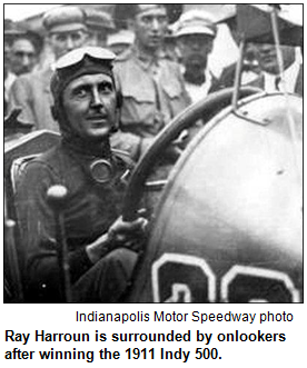 Ray Harroun is surrounded by onlookers after winning the 1911 Indy 500. Photo courtesy Indianapolis Motor Speedway.