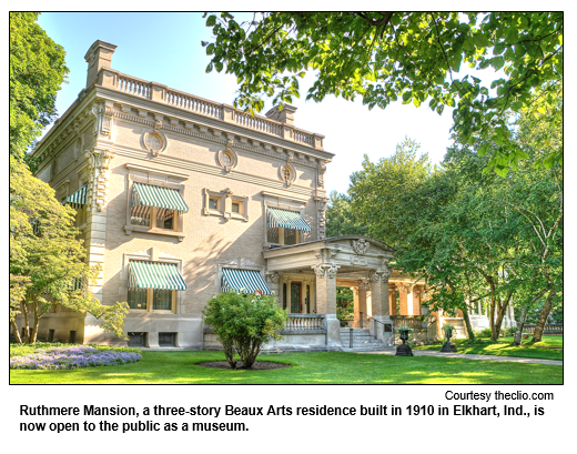 Ruthmere Mansion, a three-story Beaux Arts residence built in 1910 in Elkhart, Ind., is now open to the public as a museum. Photo courtesy theclio.com.