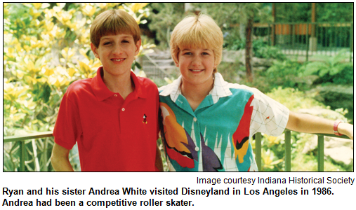 Ryan and his sister Andrea White visited Disneyland in Los Angeles in 1986. Andrea had been a competitive roller skater. Image courtesy Indiana Historical Society.