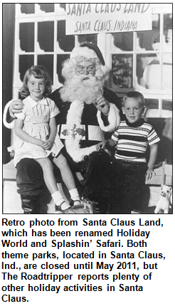 Retro photo of Santa Claus with two children at Santa Claus Land in Santa Claus, Ind.