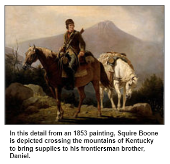 In this detail from an 1853 painting, Squire Boone is depicted crossing the mountains of Kentucky to bring supplies to his frontiersman brother, Daniel.