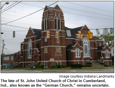 The fate of St. John United Church of Christ in Cumberland, Ind., also known as the “German Church,” remains uncertain. Image courtesy Indiana Landmarks.