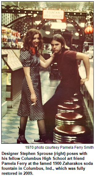 Designer Stephen Sprouse (right) poses with his fellow Columbus High School art friend Pamela Ferry at the famed 1900 Zaharakos soda fountain in Columbus, Ind. 1970 photo courtesy Pamela Ferry Smith.