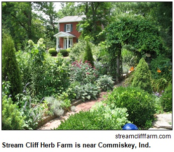 Stream Cliff Herb Farm is located near Commiskey, Ind. Picture of house surrounded by lush herbs and greenery.