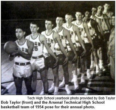 Bob Taylor (front) and the Arsenal Technical High School basketball team of 1954 pose for their annual photo. Tech High School yearbook photo provided by Bob Taylor.