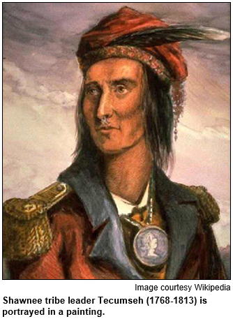 Shawnee tribe leader Tecumseh (1768-1813) is portrayed in a painting. Image courtesy Wikipedia.