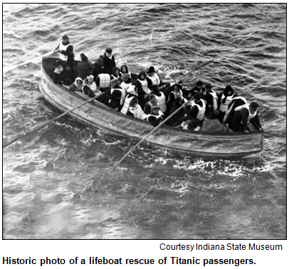 Historic photo of a lifeboat rescue of Titanic passengers. Image courtesy Indiana State Museum.