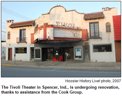 The Tivoli Theater in Spencer, Ind., is undergoing renovation, thanks to assistance from the Cook Group. Hoosier History Live! photo, 2007.