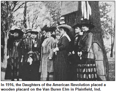 In 1916, the Daughters of the American Revolution placed a wooden placard on the Van Buren Elm in Plainfield, Ind.