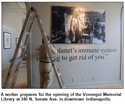 A worker prepares for the opening of the Vonnegut Memorial Library at 340 N. Senate Ave. in downtown Indianapolis.