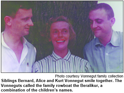 Siblings Bernard, Alice and Kurt Vonnegut smile together. The Vonneguts called the family rowboat the Beralikur, a combination of the children's names. Photo courtesy Vonnegut family collection.