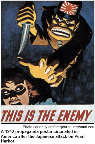 A 1942 propaganda poster circulated in America after the Japanese attack on Pearl Harbor. Image shows Japanese soldier with knife, long claw-like fingernails and large teeth about to attack a fleeing woman. Image courtesy artifactsjournal.missouri.edu.