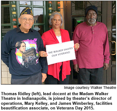 Thomas Ridley, Mary Kelley and James Wimberley of the Madam Walker Theatre pose in front of the building on Veterans Day 2015.