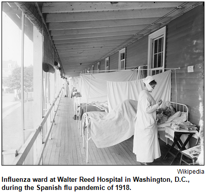 Influenza ward at Walter Reed Hospital in Washington, D.C., during the Spanish flu pandemic of 1918. Image courtesy Wikipedia.