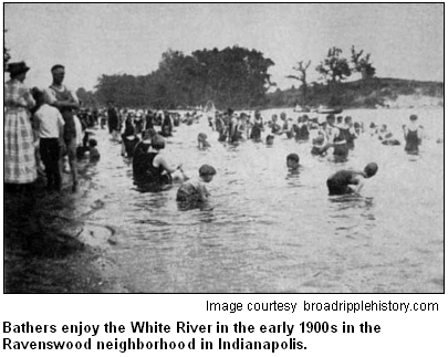 Bathers enjoy the White River in the early 1900s in the Ravenswood neighborhood in Indianapolis. Image courtesy broadripplehistory.com.