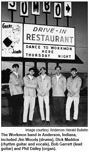 The Workmon band in Anderson, Indiana, included Jim Woods (drums), Dick Maddox (rhythm guitar and vocals), Bob Garrett (lead guitar) and Phil Dailey (organ). Image courtesy Anderson Herald Bulletin.