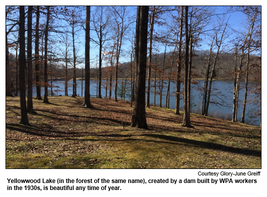 Yellowwood Lake (in the forest of the same name), created by a dam built by WPA workers in the 1930s, is beautiful any time of year. Photo courtesy Glory-June Greiff.