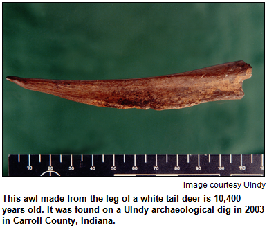This awl made from the leg of a white tail deer is 10,400 years old. It was found on a UIndy archaeological dig in 2003 in Carroll County, Indiana. Image courtesy UIndy.