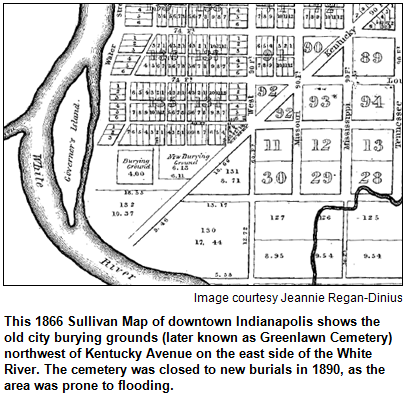This 1866 Sullivan Map of downtown Indianapolis shows the old city burying grounds (later known as Greenlawn Cemetery) northwest of Kentucky Avenue on the east side of the White River. The cemetery was closed to new burials in 1890, as the area was prone to flooding. Image courtesy Jeannie Regan-Dinius.