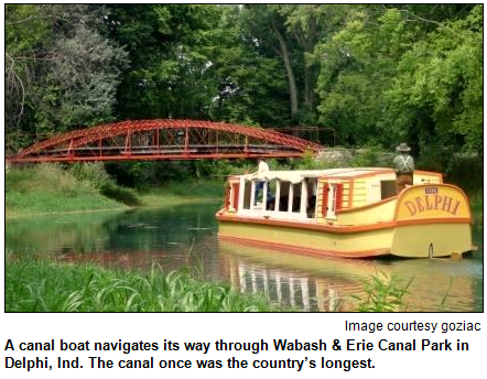 A canal boat navigates its way through Wabash & Erie Canal Park in Delphi, Ind. The canal once was the country’s longest.
