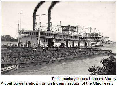 Vintage image of a coal barge along the Ohio River in Indiana. Photo courtesy Indiana Historical Society.