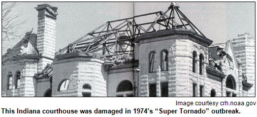 This Indiana courthouse was damaged in 1974’s “Super Tornado” outbreak. Image courtesy crh.noaa.gov.
