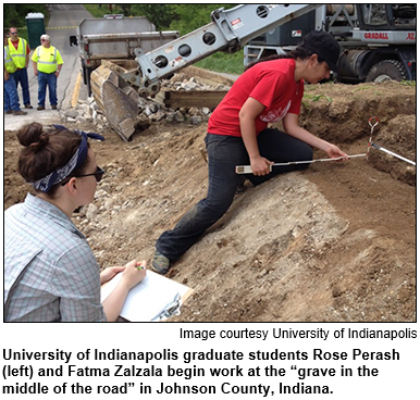 University of Indianapolis graduate students Rose Perash and Fatma Zalzala begin work at the "grave in the middle of the road" in Johnson County, Indiana. Image courtesy University of Indianapolis.