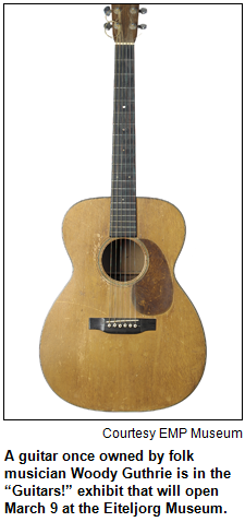 A guitar once owned by folk musician Woody Guthrie is in the “Guitars!” exhibit that will open March 9 at the Eiteljorg Museum. Image courtesy EMP museum.