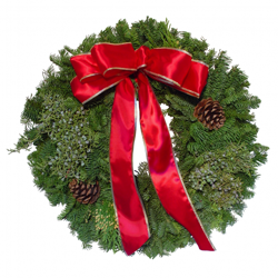 Holiday wreath of evergreen with red ribbon, circular.