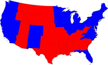 2008 presidential election results by state, in red and blue.
