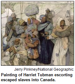 Painting of Harriet Tubman escorting freed slaves into Canada.